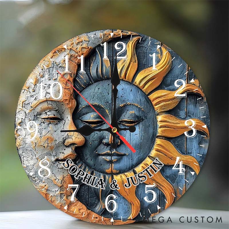 Personalized Couple Sun and Moon Wall Clock Custom Boho Style Graphic 3D Printed Wall Clock Anniversary Gift Valentines Day Gift for Him Her