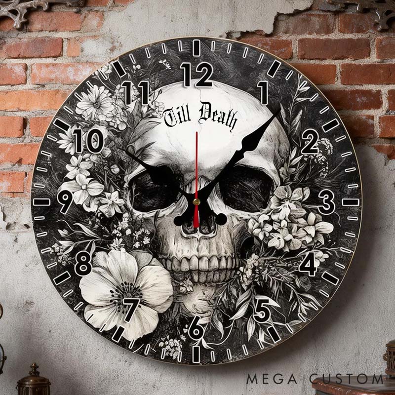 Personalized Man Skull Floral Till Death Wall Clock Custom Boyfriend Husband Gothic Style Graphic 3D Printed Wall Clock Valentines Day Gift for Him