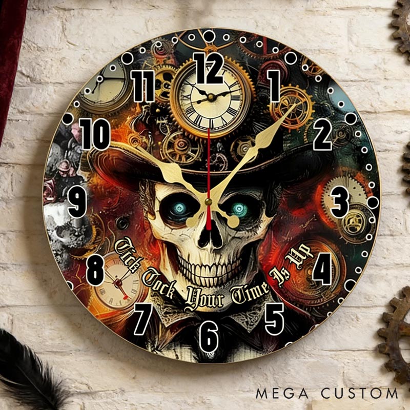 Personalized Man Skull Tick Tock Your Time Is Up Wall Clock Custom Boyfriend Husband Gothic Graphic 3D Printed Wall Clock Valentines Day Gift for Him
