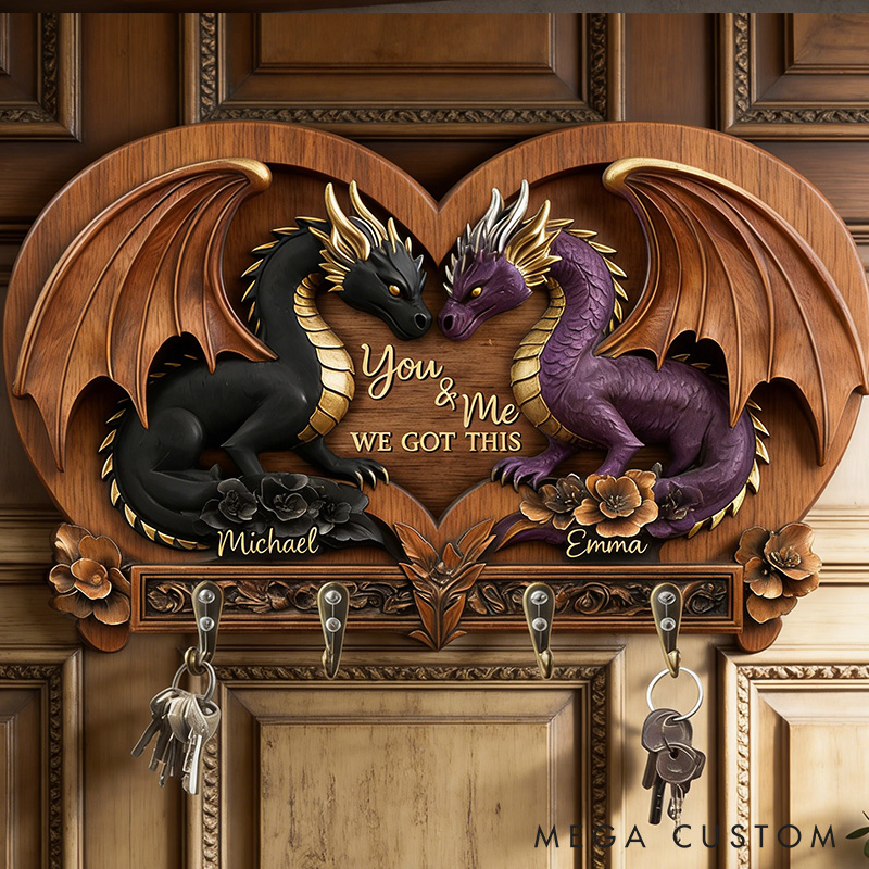 Personalized You and Me We Got This Dragon Couple Wooden Key Rack Custom Graphic 3D Printed Effect Key Hanger Anniversary Valentines Day Gift