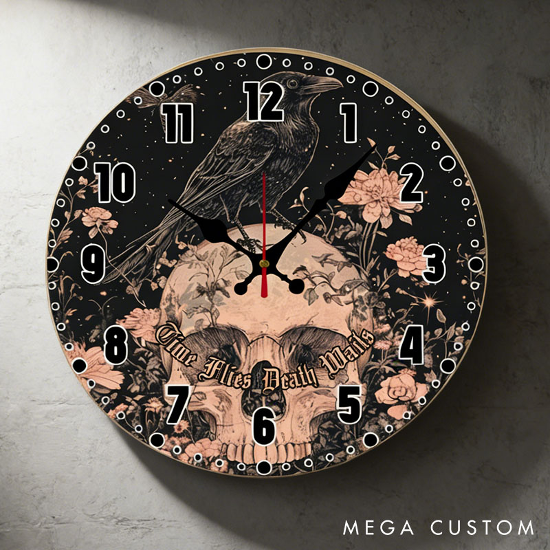 Personalized Man Skull Time Flies Death Waits Wall Clock Custom Boyfriend Husband Gothic Graphic 3D Printed Wall Clock Valentines Day Gift for Him