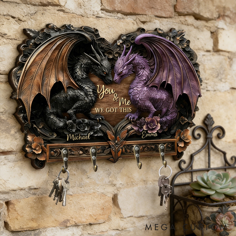 Personalized You and Me We Got This Dragon Couple Wooden Key Rack Custom Graphic 3D Printed Effect Key Hanger Anniversary Valentines Day Gift