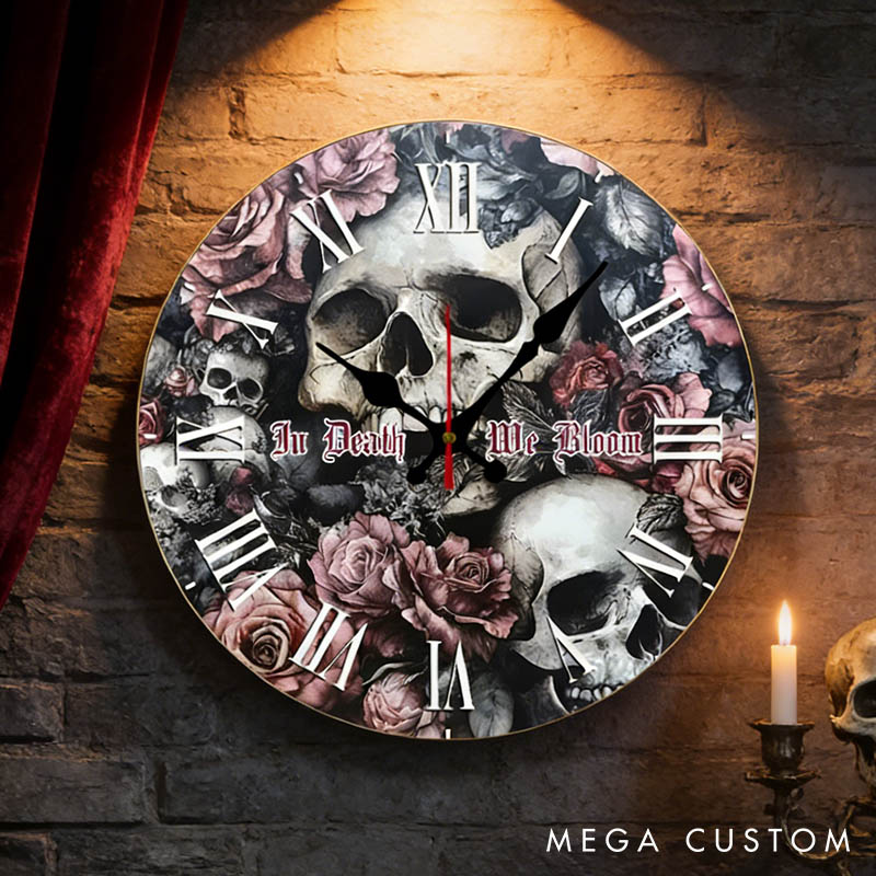 Personalized Couple Skull and Rose In Death We Bloom Wall Clock Custom Gothic Style Graphic 3D Printed Wall Clock Anniversary Gift Valentines Day Gift