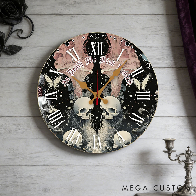 Personalized Couple Skull Butterfly In Death We Find Rebirth Wall Clock Custom Gothic Style Graphic 3D Printed Clock Anniversary Valentines Day Gift