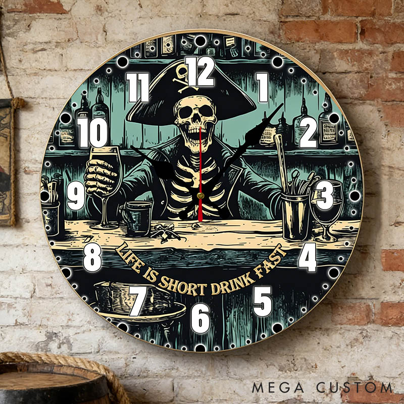 Personalized Man Skull Life Is Short Drink Fast Wall Clock Custom Gothic Style Pirate Skeleton 3D Effect Clock Anniversary Valentines Day Gift for Him