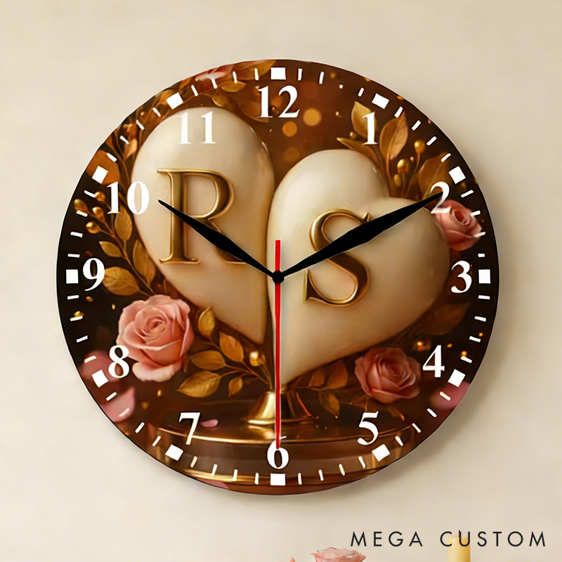 Personalized Couple Two Intertwined Hearts with Pink Rose Wall Clock Custom Romantic Golden 3D Effect Name Wall Clock Anniversary Valentines Day Gift