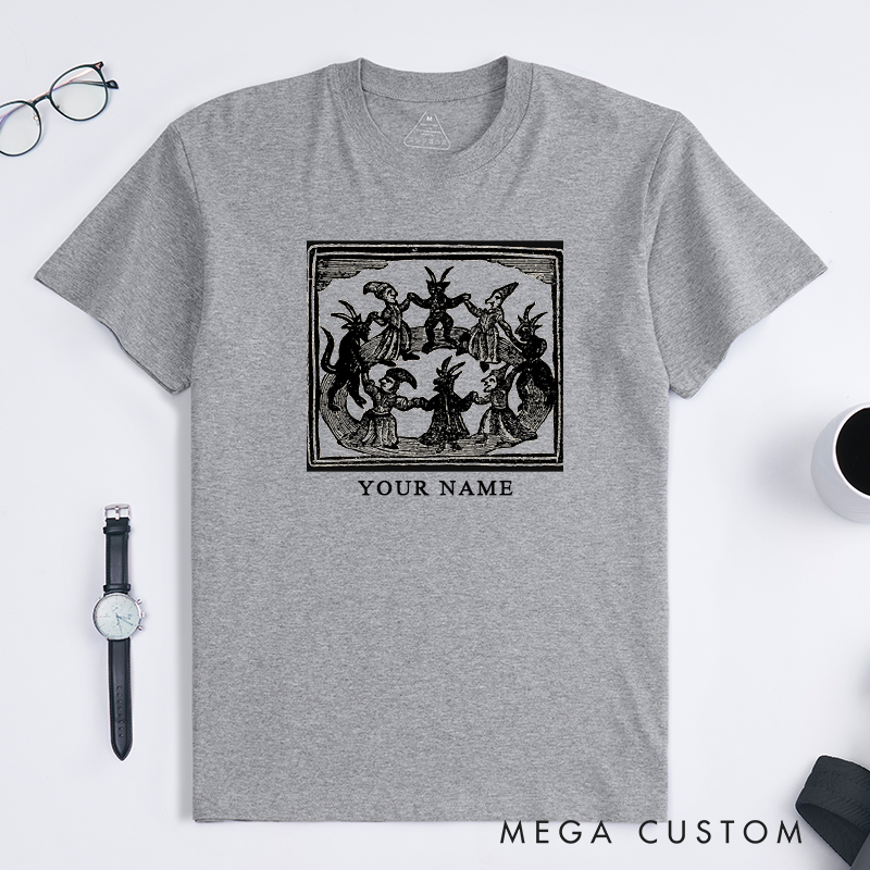 Personalized Classic T-Shirts Witch Circle Vintage Art Unisex Custom Pagan Gift for Him Her Occult Magic Ritual Graphic Tee Unique Birthday Present
