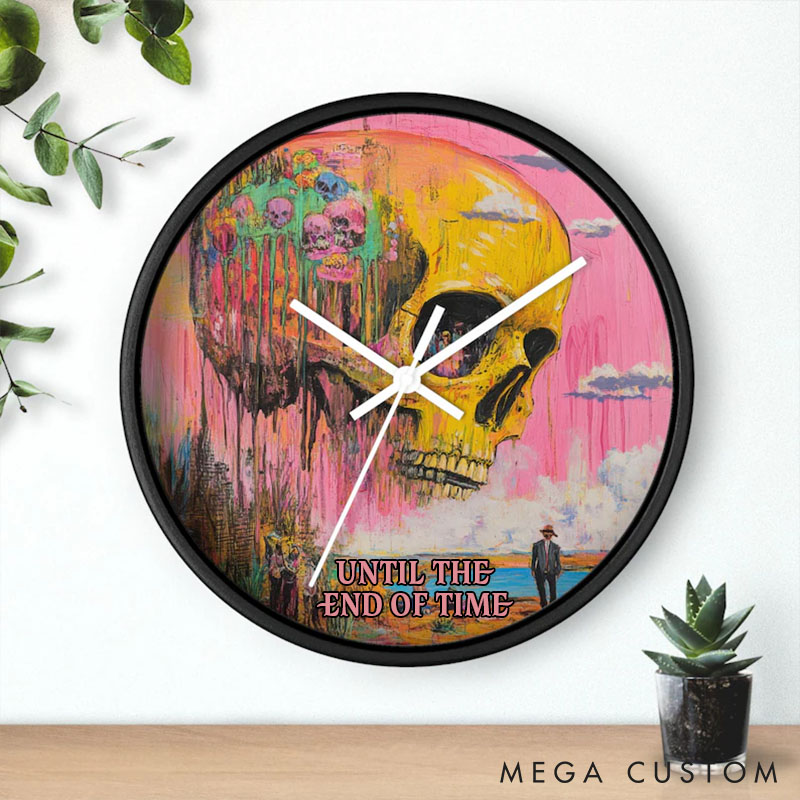 Personalized Psychedelic Pastel Skull Wall Clock Until the End of Time Artistic Skull Wall Clock for Husband Wife Gothic Home Decor Wall Clock