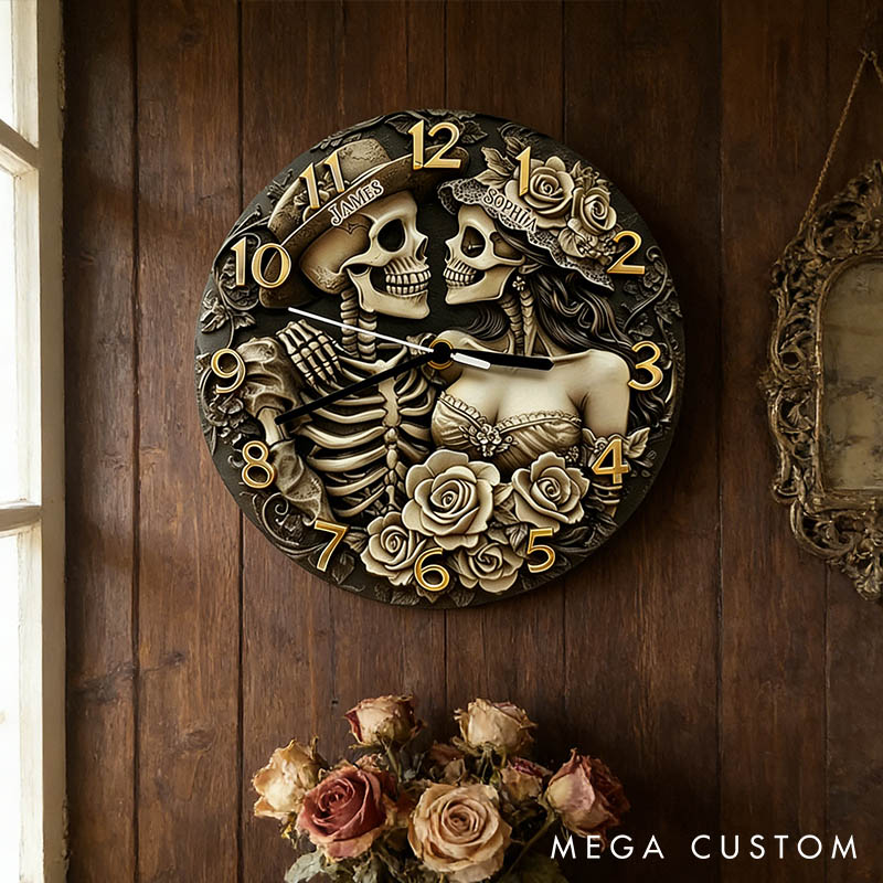Personalized Skeleton Couple Till Death Do Us Part Wall Clock Custom Retro Gothic Style 3D Effect Wall Clock Anniversary Gift Valentine's Day Gift