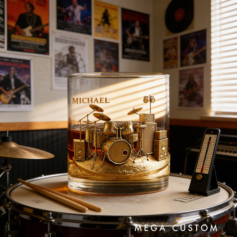 Personalized Drum Set Whiskey Glass Custom Name Whiskey Glass Engraved Glasses Gift Drummer Birthday Concert Holiday Gift