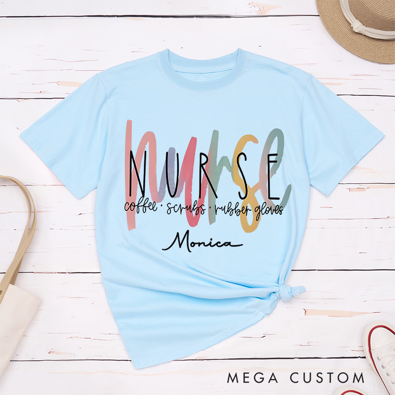 Personalized Nurse T-Shirts Nurse Essentials Coffee Scrubs Rubber Gloves Fashion Design T-Shirts