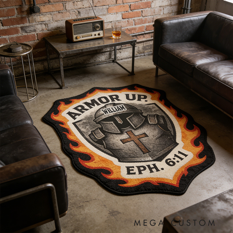 Personalize Armor Up Rug with Custom Name Christian Knight Helmet and Shield Rug Religious Gift Christian Gift for him