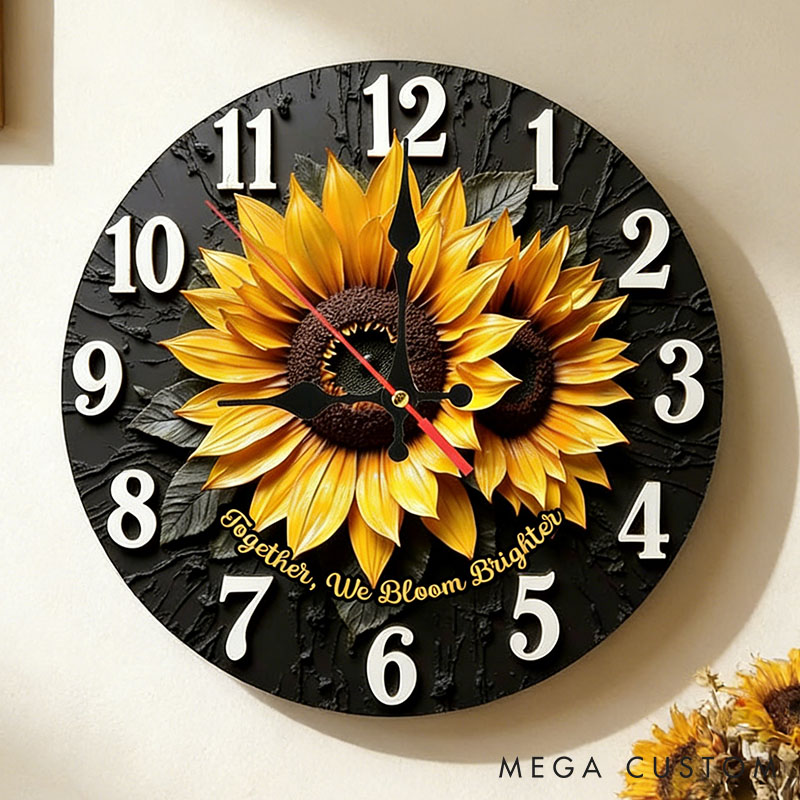 Personalized Couple Sunflower Together We Bloom Brighter Wall Clock Custom 3D Effect Wall Clock Anniversary Gift Valentine's Day Gift for Him Her