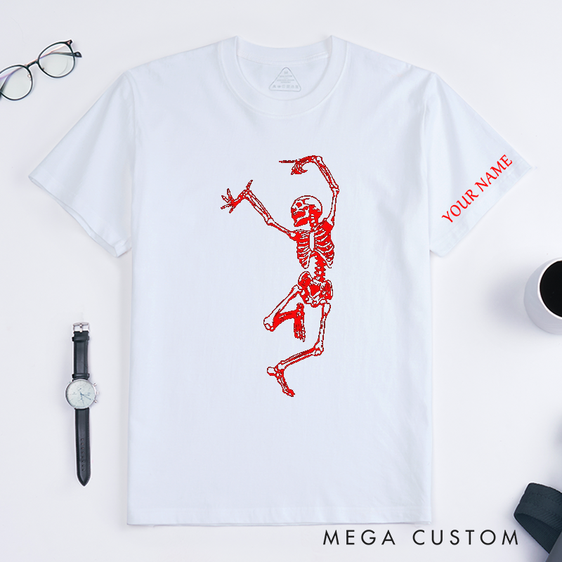 Personalized Classic T-Shirt Dancing Skeleton Unisex Custom Name Red Skeleton Graphic Halloween Gift for Men and Women Cool Skull Personalized Present