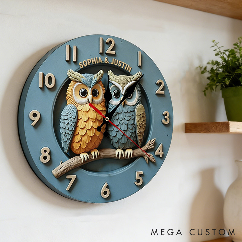 Personalized Owl Couple Wall Clock Custom Romantic Owl Couple on a Branch 3D Effect Clock with Name Anniversary Gift Valentine's Day Gift for Him Her