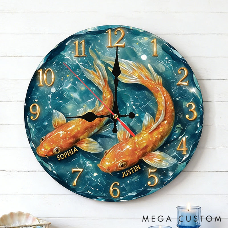 Personalized Koi Fish Couple Wall Clock Custom Romantic Koi Fish Couple Swimming Together 3D Effect Clock Anniversary Valentine's Day Gift for Him Her