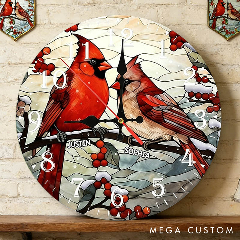 Personalized Couple Vibrant Cardinals Perched on a Branch Wall Clock Custom Stained Glass Design Clock Anniversary Valentines Day Gift for Him Her
