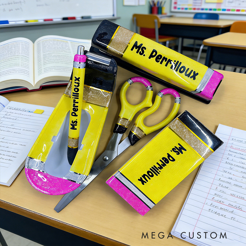 Personalized 6 Piece Glitter Pencil Resin Office Supply Set Resin Scissors Resin Stapler Resin Pen Glitter Stapler Set Custom Desk Set