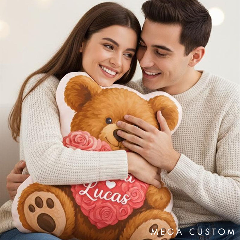 Personalized Teddy Bear Shape Pillow Custom Name Romantic Anniversary Cushion Decor Pillow Valentine Gift for Her