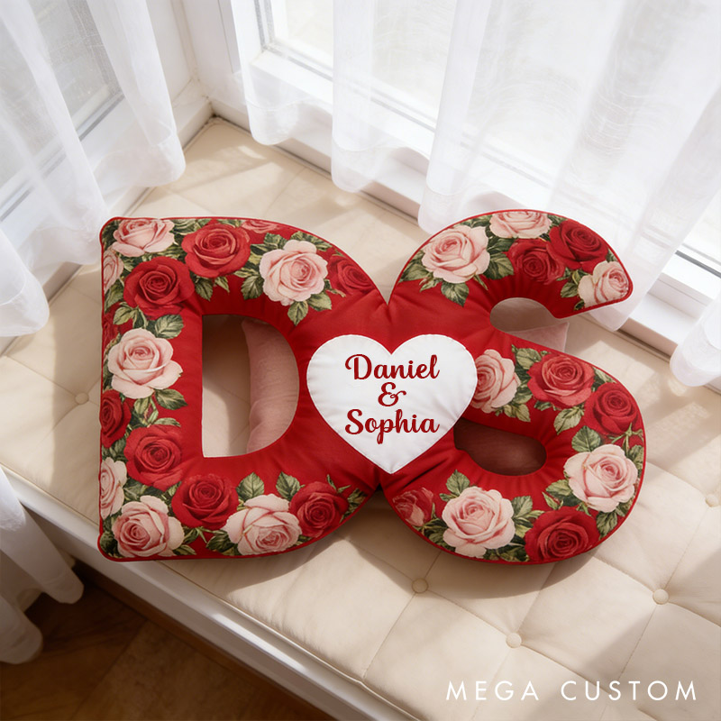 Personalized Initial Heart Pillow Romantic Rose Design Throw Pillow for Wife Girlfriend Valentines Gift for Her