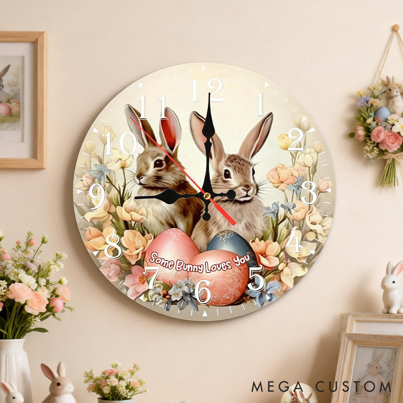 Personalized Couple Some Bunny Loves You Wall Clock Custom Easter Floral Bunny with Eggs Wall Clock with Text Easter Gift for Him Her Anniversary Gift