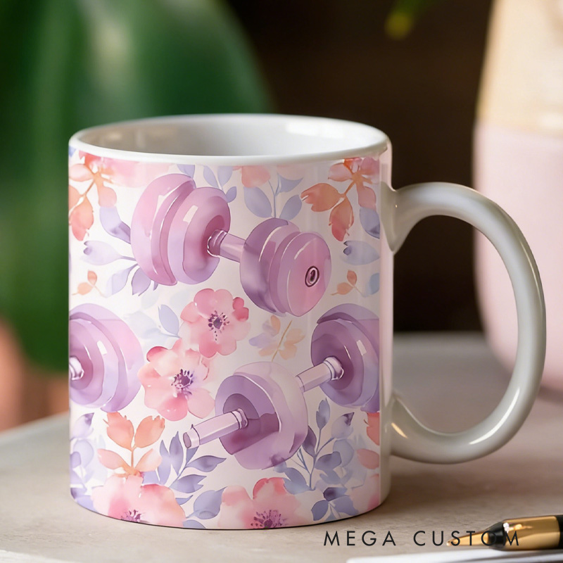 Personalized Couple Mug Floral Gym Weights Coffee Mug Watercolor Fitness Gift for Gym Lover