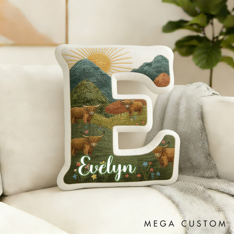 Personalized Highland Cow Initial Pillow Custom Nature-Inspired Throw Pillow for Girlfriend Wife 3D Graphic Pillow for Her