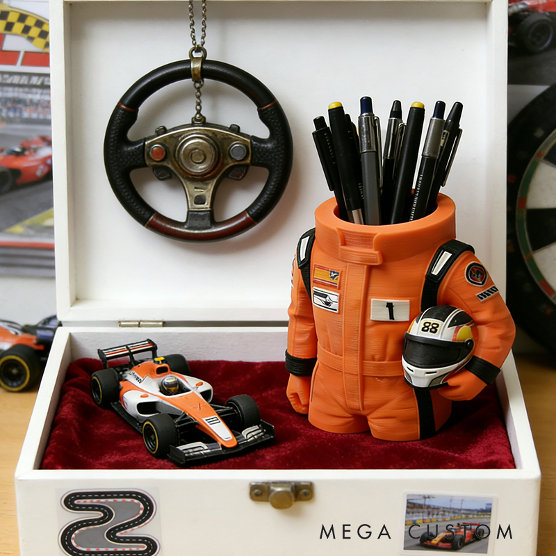 Racing Suit 3D Printed Pen Holder - F1-Themed Desk Organizer with Helmet Detail