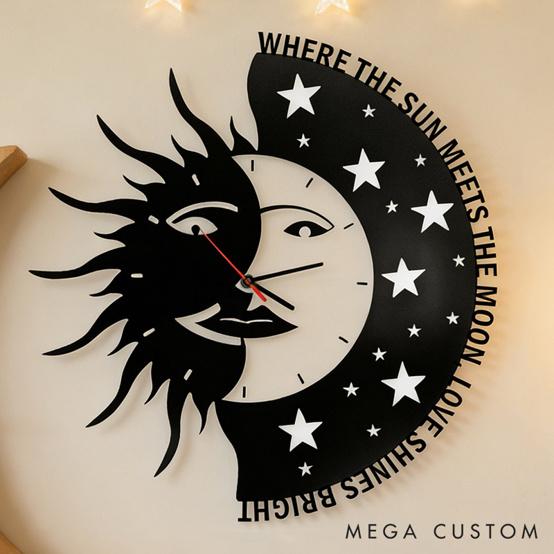 Personalized Couple Where the Sun Meets the Moon Love Shines Bright Metal Wall Clock Custom Wall Clock Anniversary Valentines Day Gift for Him Her