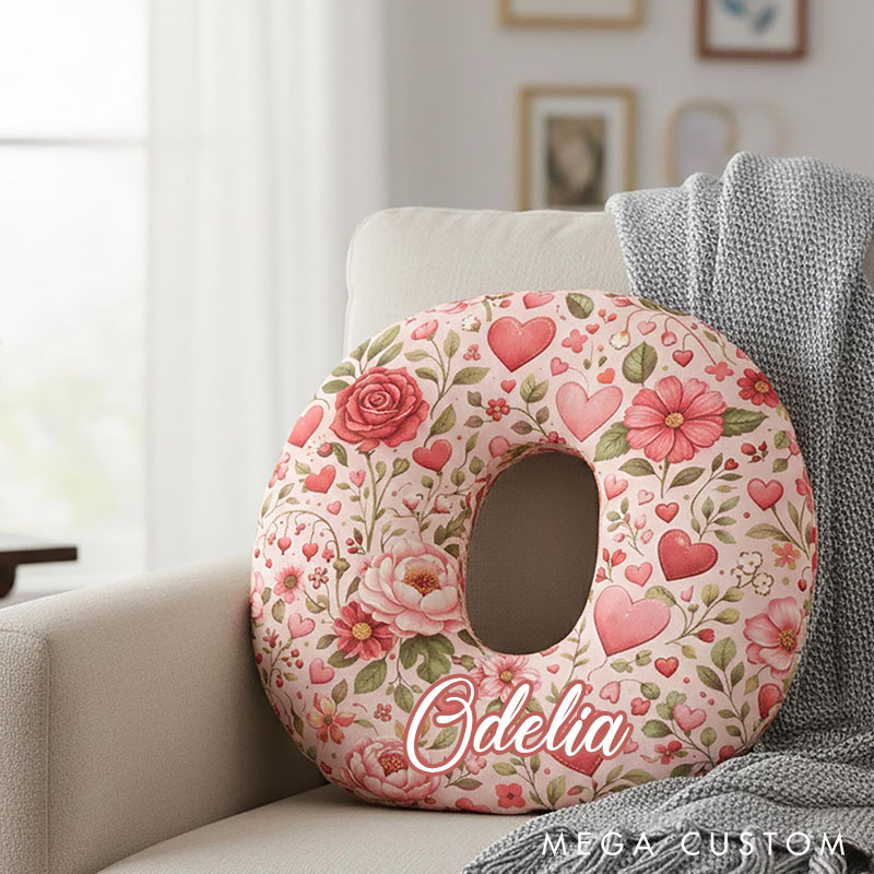 Personalized Floral Initial Pillow Custom Romantic Heart and Rose Throw Pillow Valentine's Gift for Wife Girlfriend