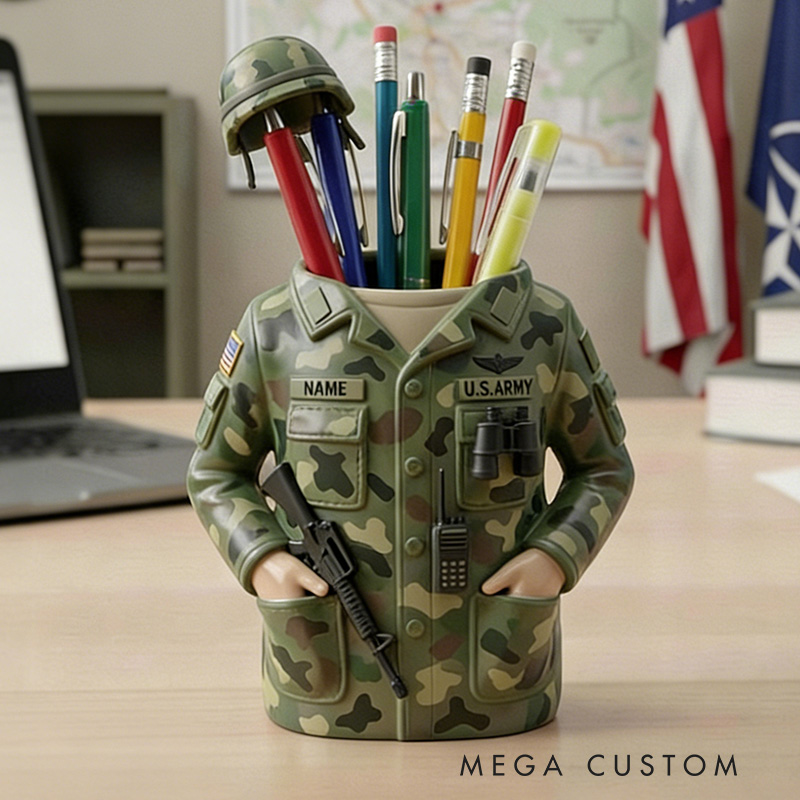 Personalized Soldier Uniform Pencil Holder Military Desk Organizer Army Veteran Gift Tactical Vest Pen Stand