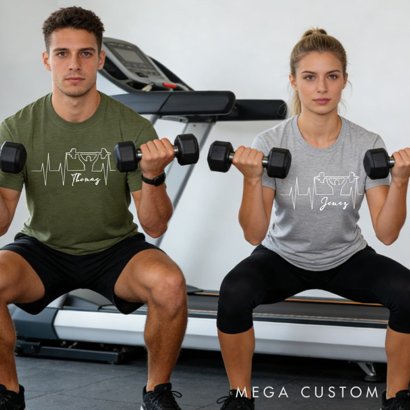 Personalized Heartbeat Couple Classic T-Shirt with Name Weightlifting Gift Bodybuilding Powerlifting for Gym Lover