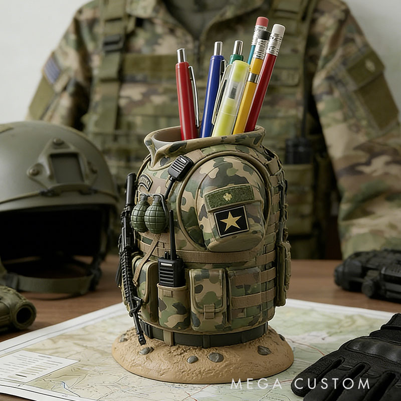 Personailzed Commando Uniform Pencil Holder Special Forces Desk Organizer Tactical Vest Pen Stand Elite Soldier Gift
