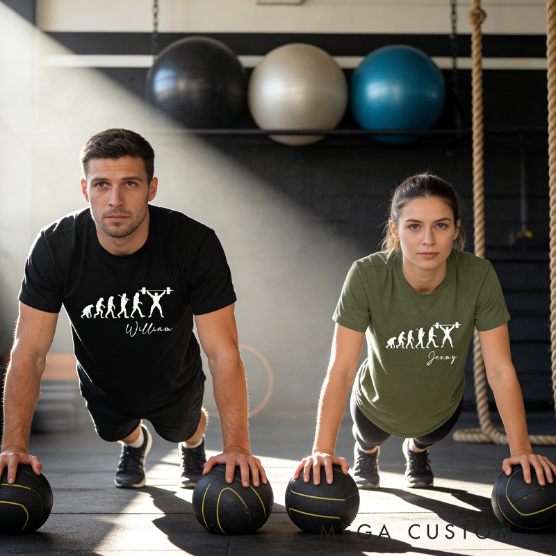 Personalized Evolution of Weightlifting Couple Classic T-Shirt with Name Weightlifting Gift Bodybuilding Powerlifting for Gym Lover
