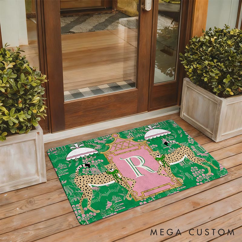 Personalized Leopard Pagoda Chinoiserie Non-Slip Door Mat with Initial Entryway Home Decor Anniversary Gift for Couple