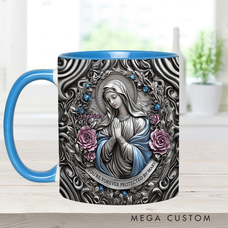Personalized You're Forever Protected by Mary 11oz Ceramic Mug with Custom Name Religious 3D Coffee Mug Catholic Gift for Women