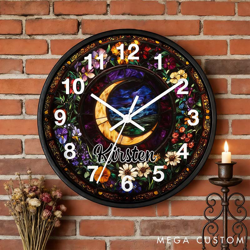 Personalized Round Wall Clock Featuring Gothic Crescent Moonlit Wildflowers Design Stained Glass-Style Wall Clock for Husband Wife