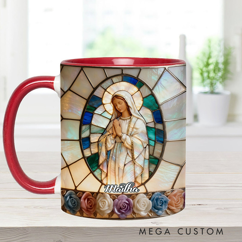 Personalized Our Lady of Grace Stained Glass 11oz Ceramic Mug with Custom Name Religious 3D Coffee Mug Catholic Gift for her