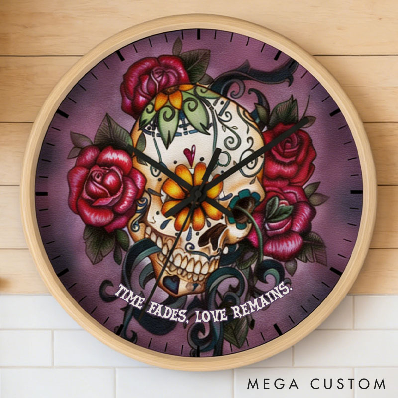 Personalized Sugar Skull Wooden Wall Clock Time Fades Love Remains Dia de los Muertos Decor Sugar Skull and Roses Wall Clock for Couple