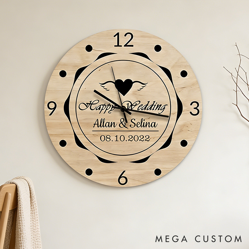 Personalized Couple Happy Wedding Wall Clock Custom Newlyweds Wedding Wall Clock with Name and Date Anniversary Valentines Day Gift for Him Her