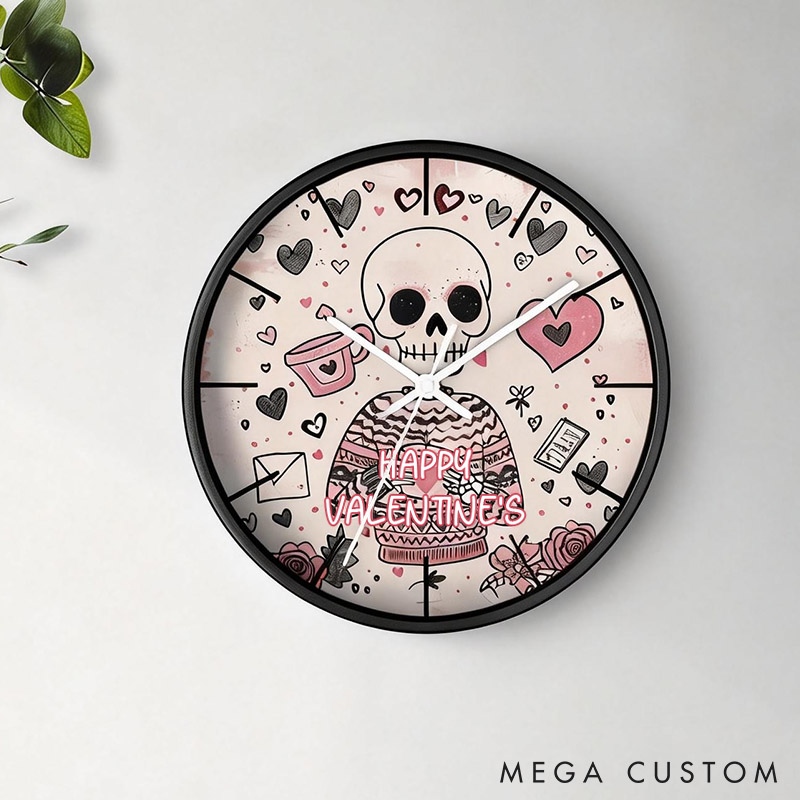Personalized Skeleton Wall Clock Cute Goth Valentines Day Wall Decor Quirky Valentine's Day Skull Wall Clock Gift for Her Him