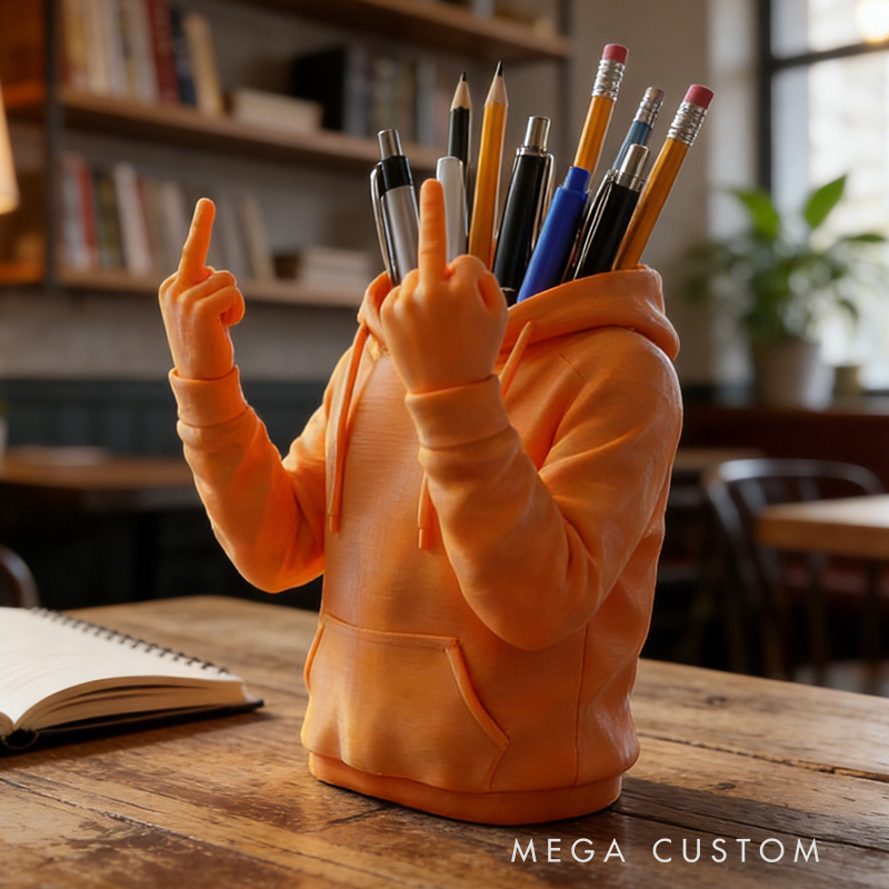 Personalized Hoodie Middle Finger Pencil Holder Funny Desk Organizer Rude Office Decor 3D Printed Pen Cup Novelty Gag Gift for Co-Workers