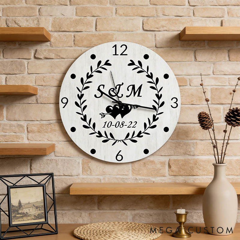 Personalized Couple Initials with Laurel Wreath Wall Clock Custom Newlyweds Wall Clock with Name and Date Anniversary Valentines Day Gift for Him Her