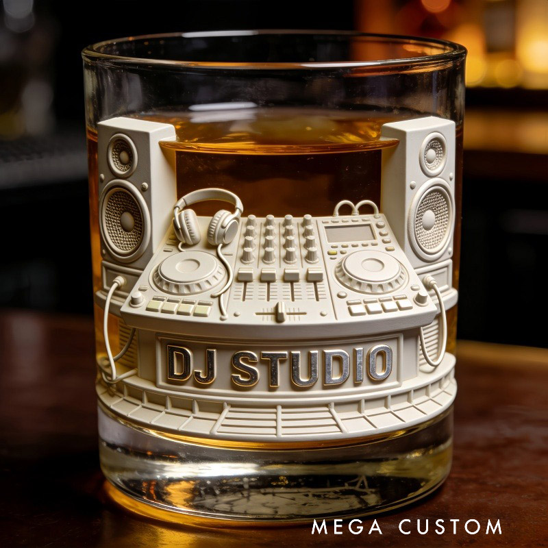 Personalized DJ Studio Themed Whiskey Glass with Custom Text Whiskey Glass Engraved Glasses Gift