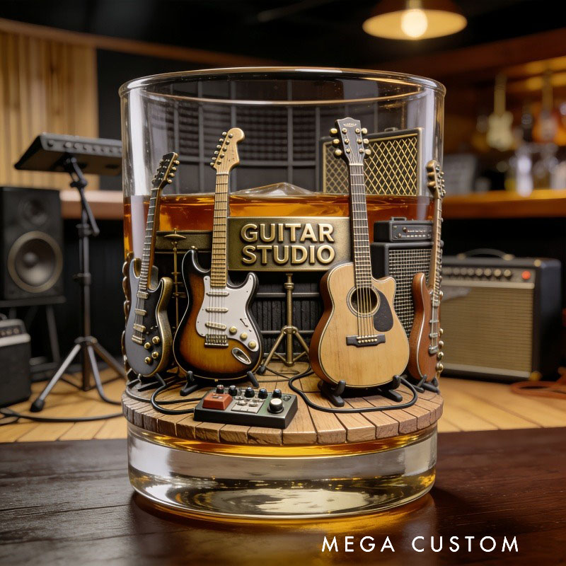 Personalized Guitar Studio Themed Whiskey Glass with Custom Text Whiskey Glass Engraved Glasses Gift for Guitar Players Musicians Music Producers