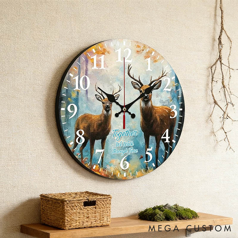 Personalized Deer Couple Together We Walk Through Time Wall Clock Custom Watercolor Style Wall Clock Anniversary Valentines Day Gift for Him Her