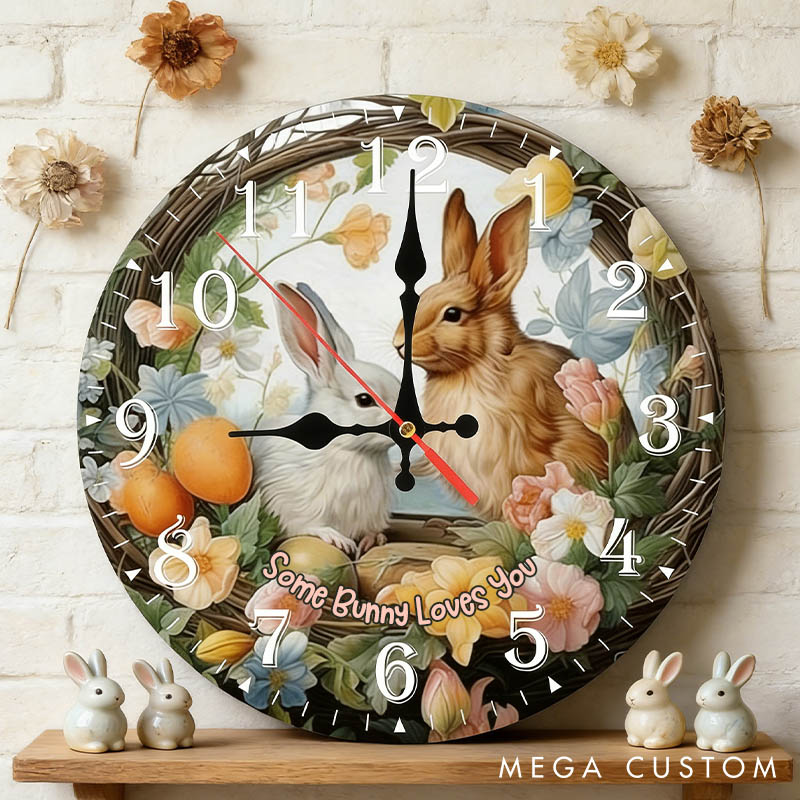 Personalized Couple Some Bunny Loves You Wall Clock Custom Easter Floral Bunny with Eggs Wall Clock with Text Easter Gift for Him Her Anniversary