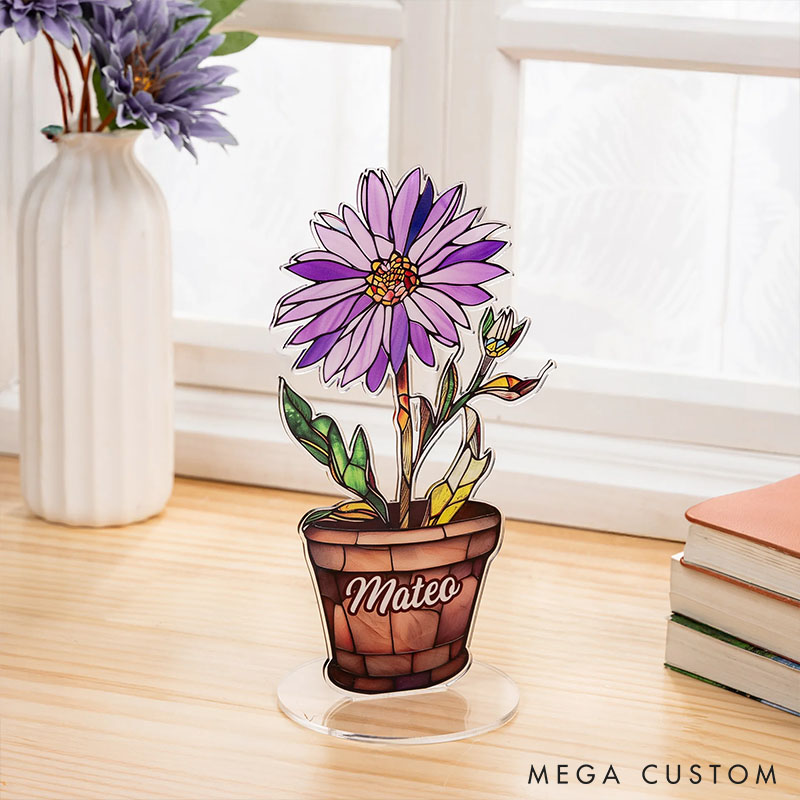 Personalized Faux Stained Glass Birth Flower Pot Acrylic Plaque with Name Home Decor Anniversary Birthday Gift for Couple Besties