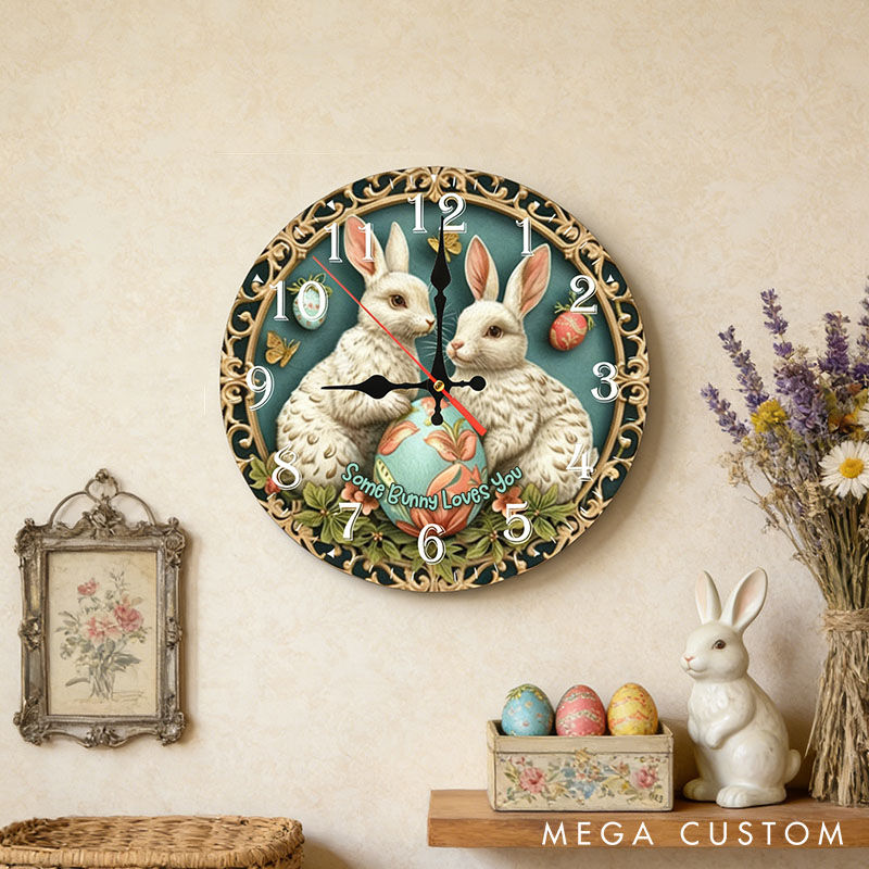 Personalized Couple Some Bunny Loves You Wall Clock Custom Easter Charming Bunny with Eggs Wall Clock with Text Couple Easter Gift for Him Her