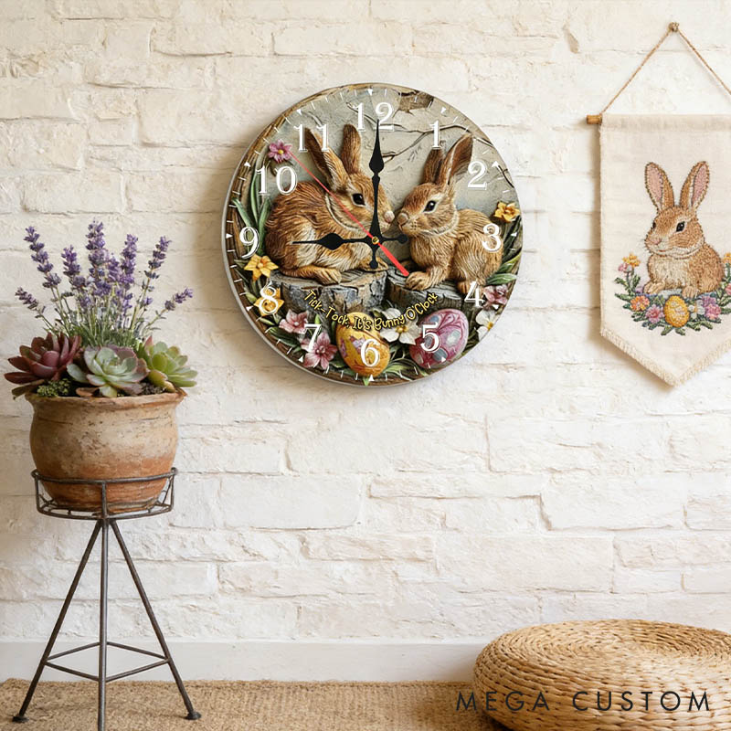 Personalized Couple Tick-Tock It’s Bunny O'Clock Wall Clock Custom Easter Bunny 3D Effect Wall Clock with Text Couple Easter Gift for Him Her